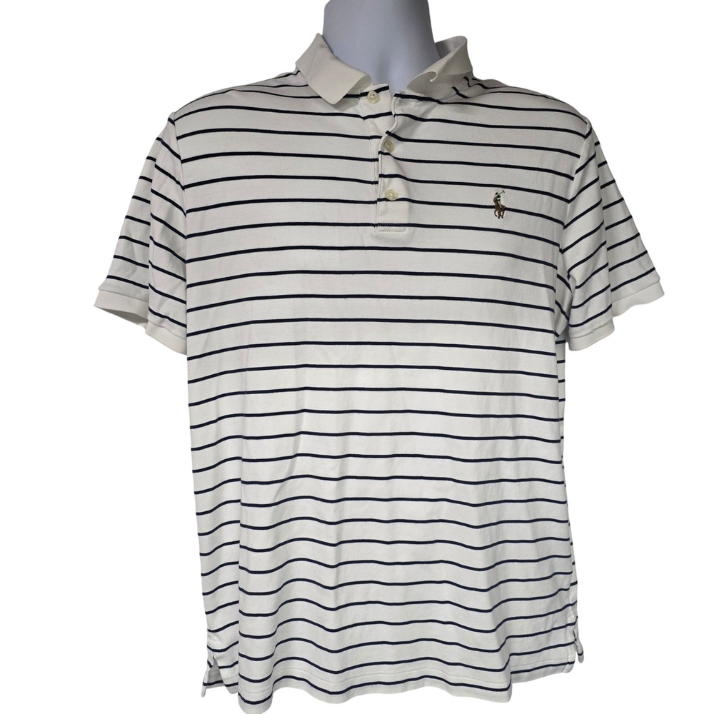 Polo Ralph Lauren Mens Classic Fit Striped‎ Polo Shirt White Navy Blue Preppy L
